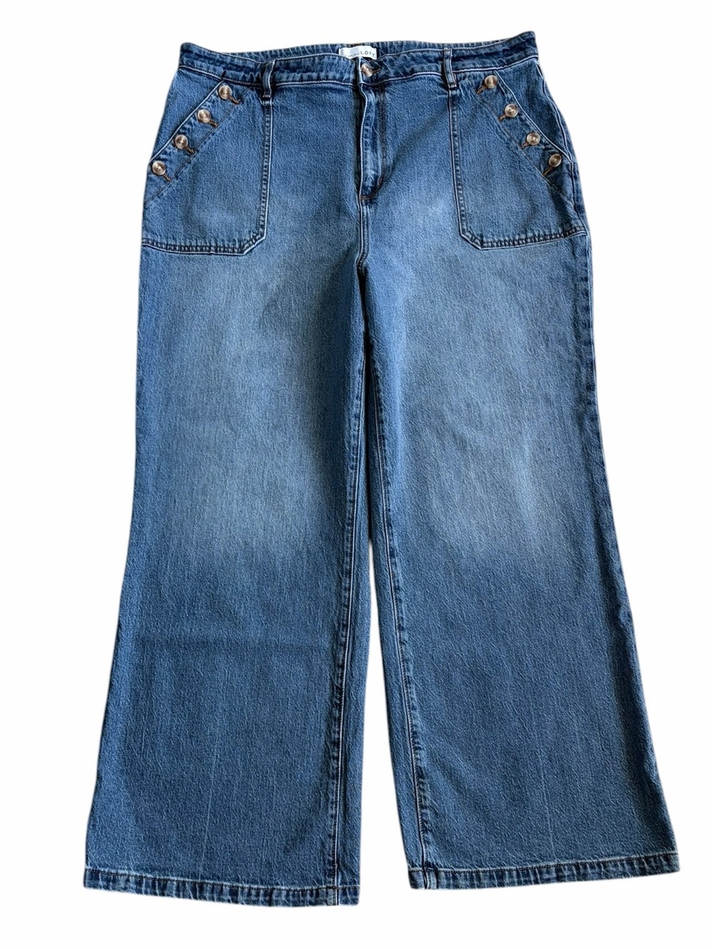 LOFT Medium Blue Wide-Leg High-Rise Jeans with Front Pocket Button Accents